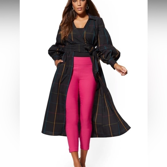 New York and company 7th Avenue poplin maxi shirt black plaid wrap tunic - Picture 2 of 8